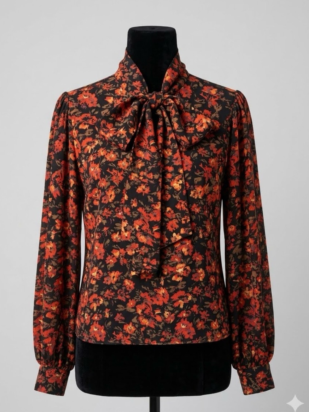 ZARA Floral Print Tie-Neck Blouse with Balloon Sleeves - Size S 0411